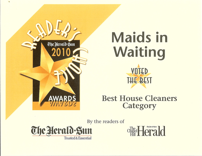 Durham Herald Sun 2010 Readers Award for Best House Cleaners